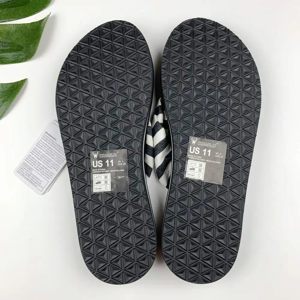 New Kuailu Flip Flops Sandals Slip On Grey White Striped Fabric Women's 11